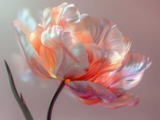 a digital photo of cinematic realism tulip, Muted glow opal white color margarite, iridescent opalescent colours