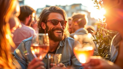 A cheerful man in sunglasses enjoys a laugh with friends over wine in a vibrant outdoor social setting