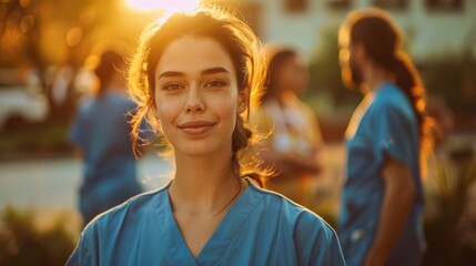 A poised healthcare worker in blue scrubs smiles contentedly in the warm light of the sun setting