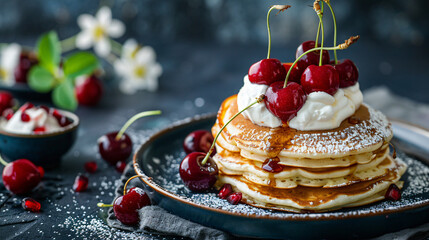 Pancakes with cherries and whipped cream on a dark background