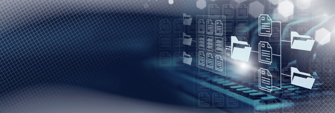  Online documentation database. AI document management system DMS concept. FTP (File Transfer Protocol), Secure FTP. Internet cloud technology, exchange information and data storage concept.