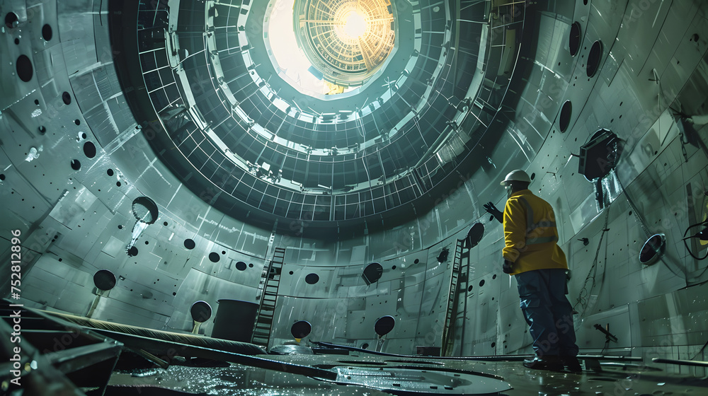 Wall mural engineers conducting maintenance and inspections inside a nuclear reactor containment vessel