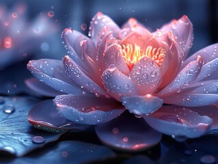 Fototapeta premium a digital photo of cinematic realism lotus or water lily, Muted glow opal white color margarite, iridescent opalescent colours