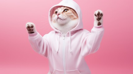 Fashion-forward cat in sunglasses and hoodie strikes a playful pose on a pink background, with ample space for your text
