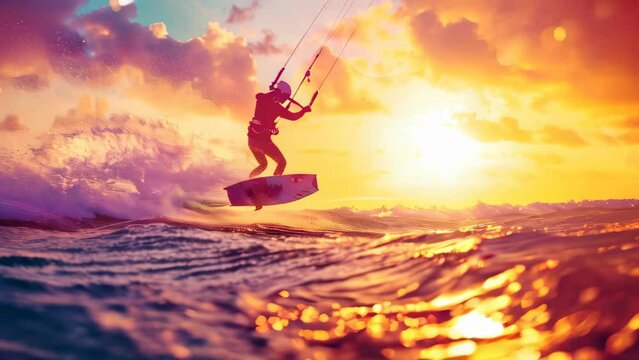 Water sports in summer, a man is kitesurfing at sunset.