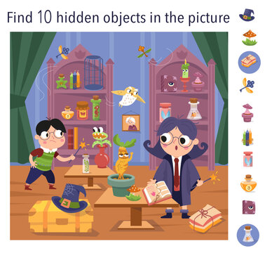 Find 10 hidden objects in picture. Educational game for kids. Cute girl witch and boy with magic wand in wizard school. Interior with objects. Vector illustration