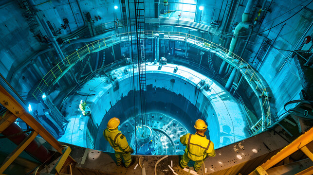 Engineers conducting maintenance and inspections inside a nuclear reactor containment vessel
