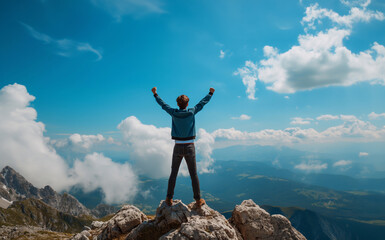 Man standing on top of the mountain with raised hands and enjoying the view generative ai  art