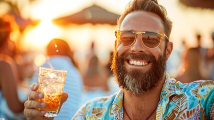 A bearded man with a big smile is enjoying a sunset while holding a cocktail in a tropical setting