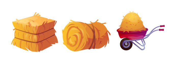 Hay stack in cube block, roll and on red wheelbarrow. Cartoon vector illustration set of yellow dry straw bale for farm animal feed. Ranch harvest of thatch pile. Agricultural haystack bundle. © klyaksun