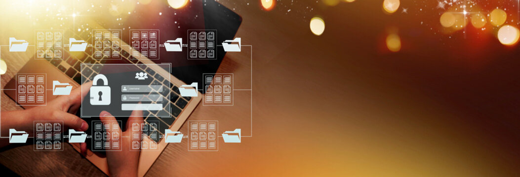  Online documentation database. AI document management system DMS concept. Data protection, cyber security concept.Internet cloud technology, exchange information and data storage concept    .