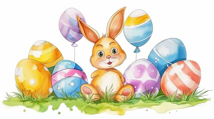 Easter card with a cute bunny surrounded by painted eggs