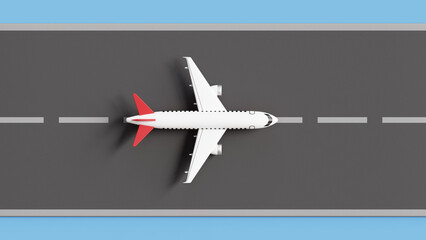 Fototapeta premium 3D airplane on the runway. Passenger Commercial Airplane. Overhead view of the airplane on a take off line in airport. 3d illustration