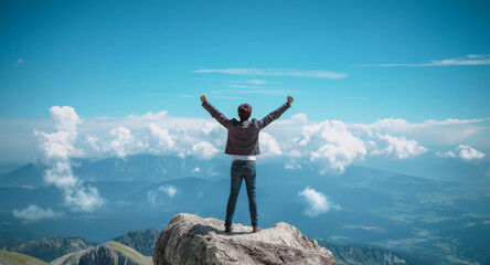 Man standing on top of a mountain with arms raised against blue sky with clouds generative ai  art
