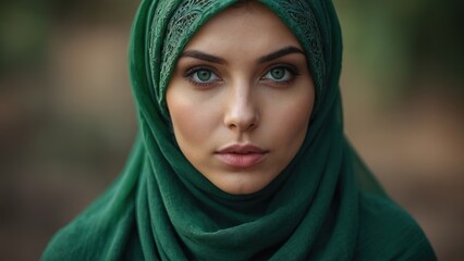 Fototapeta premium Green eyes of a beautiful girl in a green hijab, beauty eyes