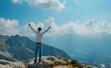 Obraz premium Young man on top of a mountain with arms raised enjoying the view generative ai art