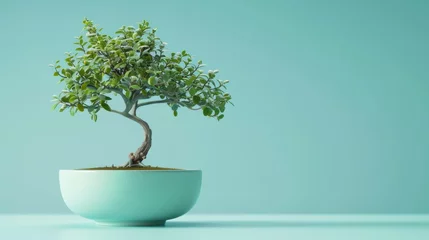 Selbstklebende Fototapeten A bonsai tree elegantly displayed in a bowl on a table, bringing tranquility and nature indoors © zainab