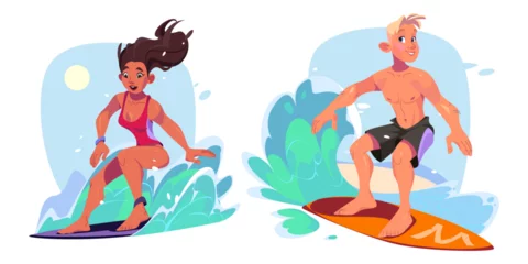 Fotobehang Young people surfing on beach isolated on white background. Vector cartoon illustration of attractive girl in bikini and muscular guy riding surf board, sea water splashes, summer sports activity © klyaksun