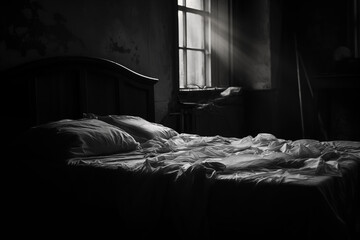 black and white image of a bed with rumpled sheets, sunlight from the window - obrazy, fototapety, plakaty