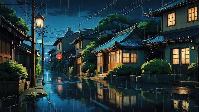Anime background video of Japanese house at night during rain and lightning. 4K Generative AI video looping animation