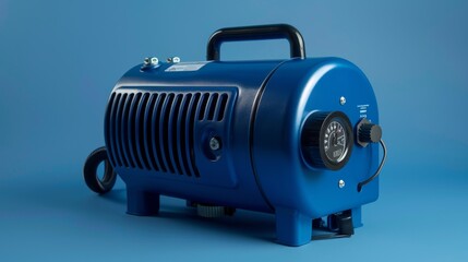 A blue air compressor quietly sitting on top of a smooth blue-hued surface