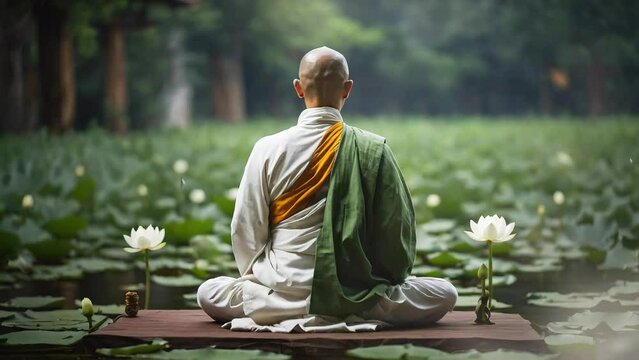 Buddhist monk meditation with lotus leaf. 4K Generative AI video looping animation