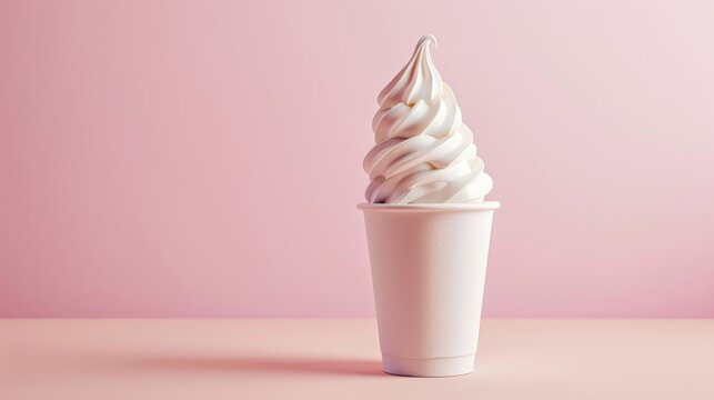 A minimalist image of a creamy soft serve ice cream against a pink background, symbolizing indulgence and sweetness