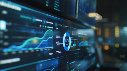 Futuristic data analytics dashboard with dynamic graphs and digital interfaces.