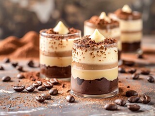 Exquisite coffee and cream layered dessert, beautifully presented in small glasses with chocolate sprinkles