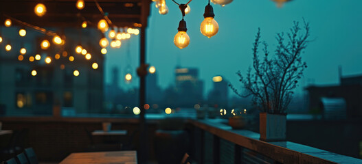Outdoor cafe evening ambiance with hanging light bulbs. Urban dining setting. - obrazy, fototapety, plakaty