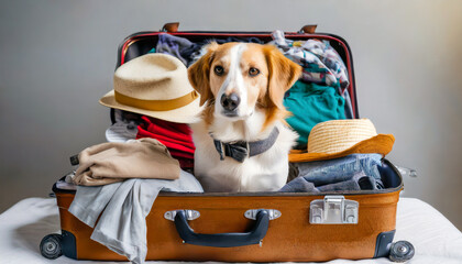 A dog sitting in an open suitcase ready for travel and adventure, concept of holiday, leisure and travel