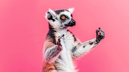 A ring-tailed lemur is captured in an amusing pose with a curious expression against a bright pink background