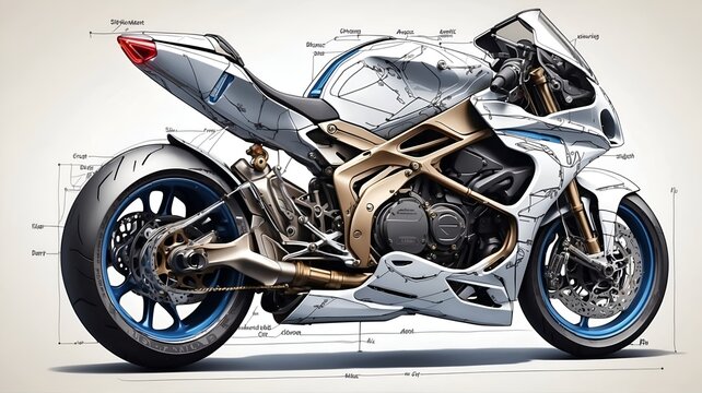Detailed view of a sporty motorcycle structure in 3D style. Diagrammatic drawing collections.