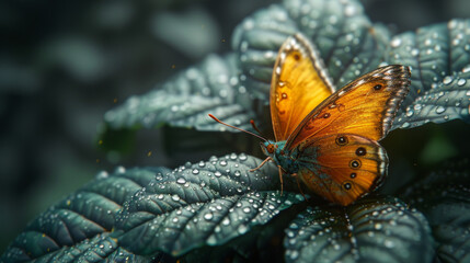 Butterfly on big Leave in a dark cinematic scene.