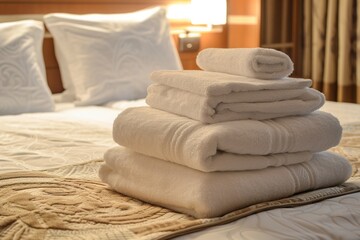 Stack of clean towels on bed in hotel room, closeup view