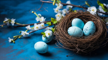 Easter eggs in blue colors in a nest. The place for the text. The concept of stylish decoration for Easter, greeting cards, etc. Flat lay