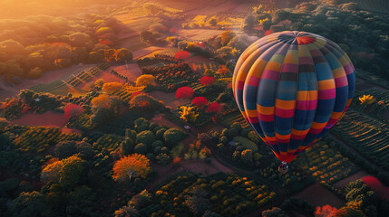 Fototapeta premium A colorful hot air balloon floats gracefully above a vibrant green field, showcasing the beauty of nature and sky
