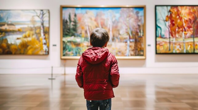 A young child with a red jacket is seen contemplating vibrant paintings at an art gallery, portraying early art education