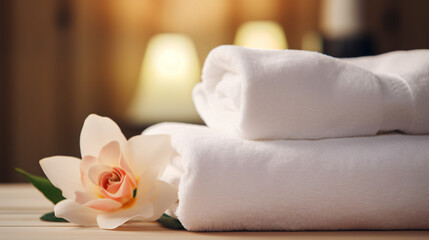 Fototapeta na wymiar Towels and owers on wooden table in spa salon closeu