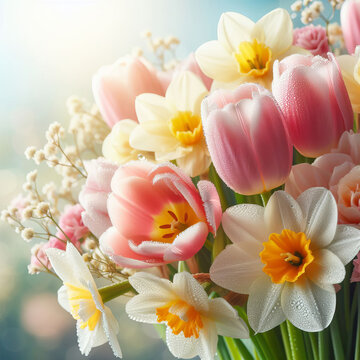 Beautiful spring bouquet of tulips and daffodils