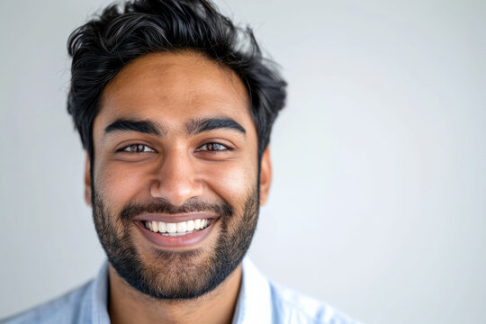 Smiling young man with beard posing for casual portrait. Human emotions and facial expressions.