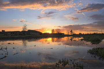 Po Valley farmstead farm panorama landscape sunset