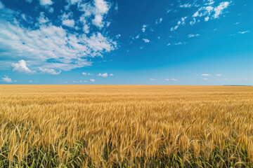 Golden wheat field under blue sky with clouds. Agriculture and farming.