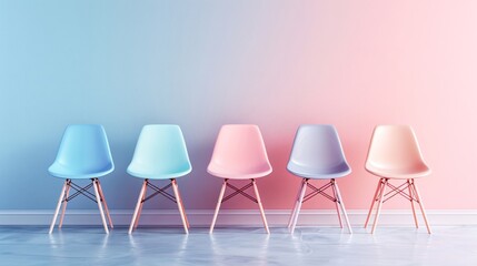 Five pastel-colored chairs lined up against a dual-colored pastel wall, casting slight shadows on the ground, creating a minimalist aesthetic