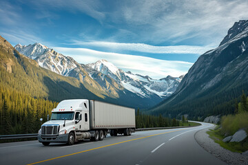 White semi truck on mountainous road for transportation and logistics