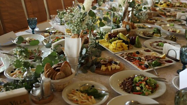 festive table with food in a restaurant