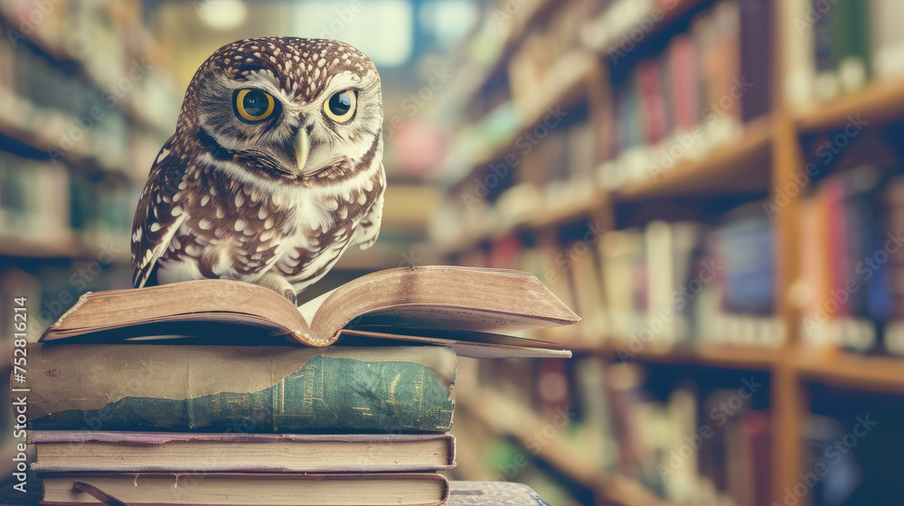 Poster an owl perched on top of an open book in a library setting