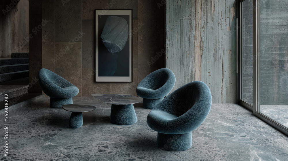 Poster two wooden chairs and a table placed in the center of a room. the chairs are facing each other, whil