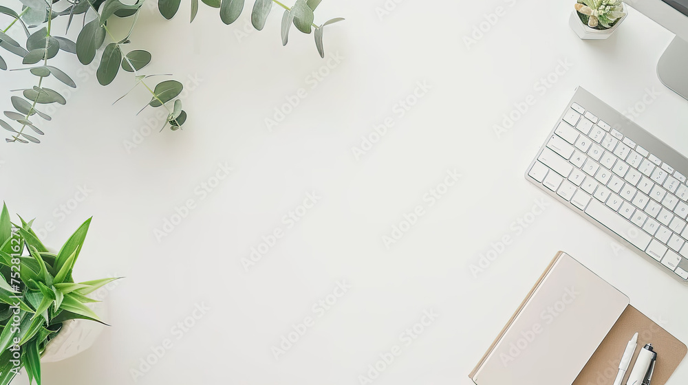 Poster a desk holding a computer keyboard next to a green plant in a pot, with a simple and organized works