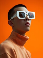 Stylish Portrait of a Man in Oversized Sunglasses Against Orange Backdrop